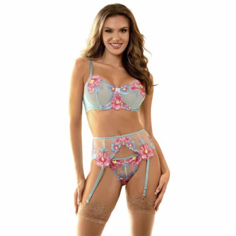 Ensemble soutien-gorge et porte-jarretelles brodé fleurs rose L/XL — SUBBLIME