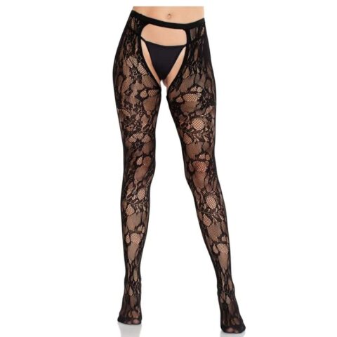 Bas en dentelle rose avec DOS ouvert noir — LEG AVENUE