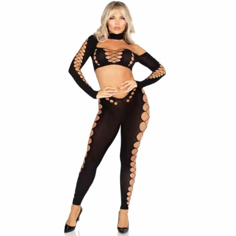 Crop top et leggings découpés sans couture noir — LEG AVENUE