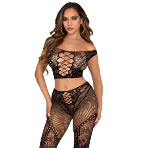 Crop top et legging résille épaules dénudées noir — LEG AVENUE