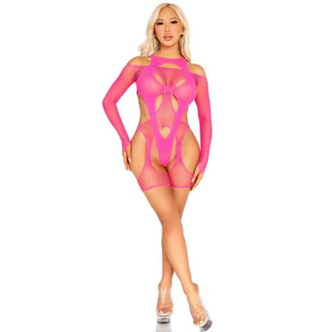 Bodystocking réseille avec porte-jarretelles et harnais rose fluo — LEG AVENUE