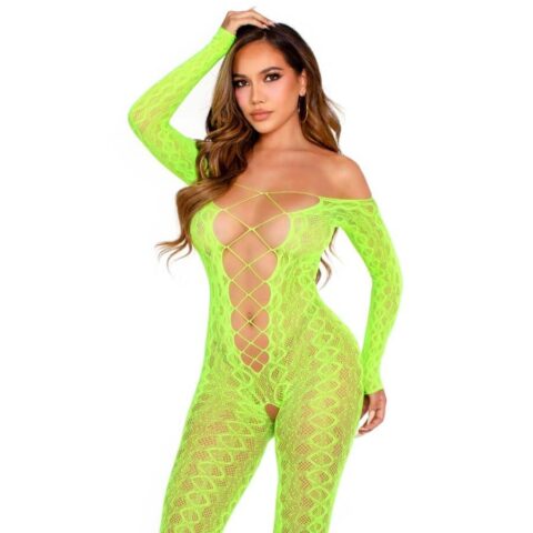 Bodystocking sans fourche en dentelle serpent exotique vert fluo — LEG AVENUE