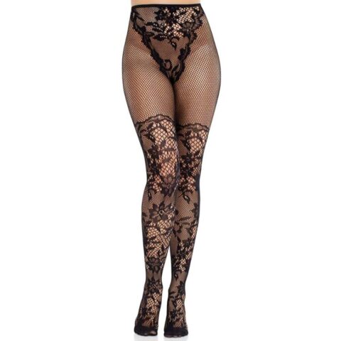 Bas en dentelle dahlia avec détail en filet noir — LEG AVENUE