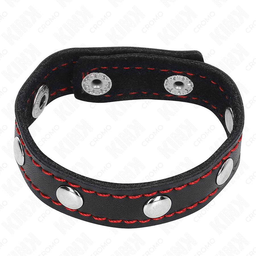 Anneau pénis en cuir avec fermeture à pression doublure rouge 21 X 1,5 CM — KINK, vue 3
