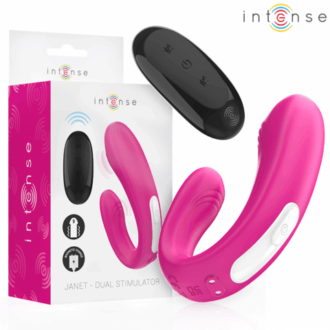 Janet double stimulateur et vibrateur en U avec télécommande rose — INTENSE