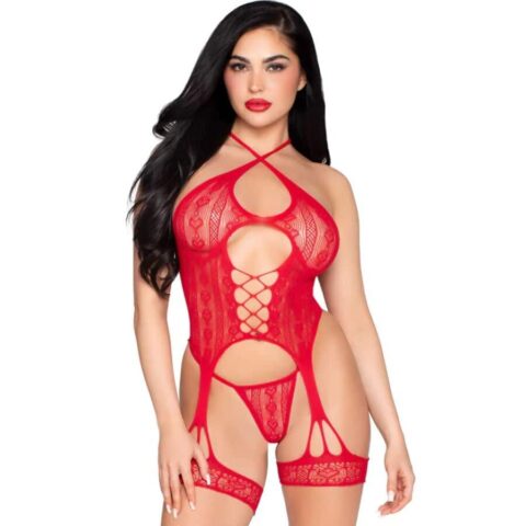 Body ouvert en dentelle avec porte-jarretelles + string rouge - taille unique — LEG AVENUE