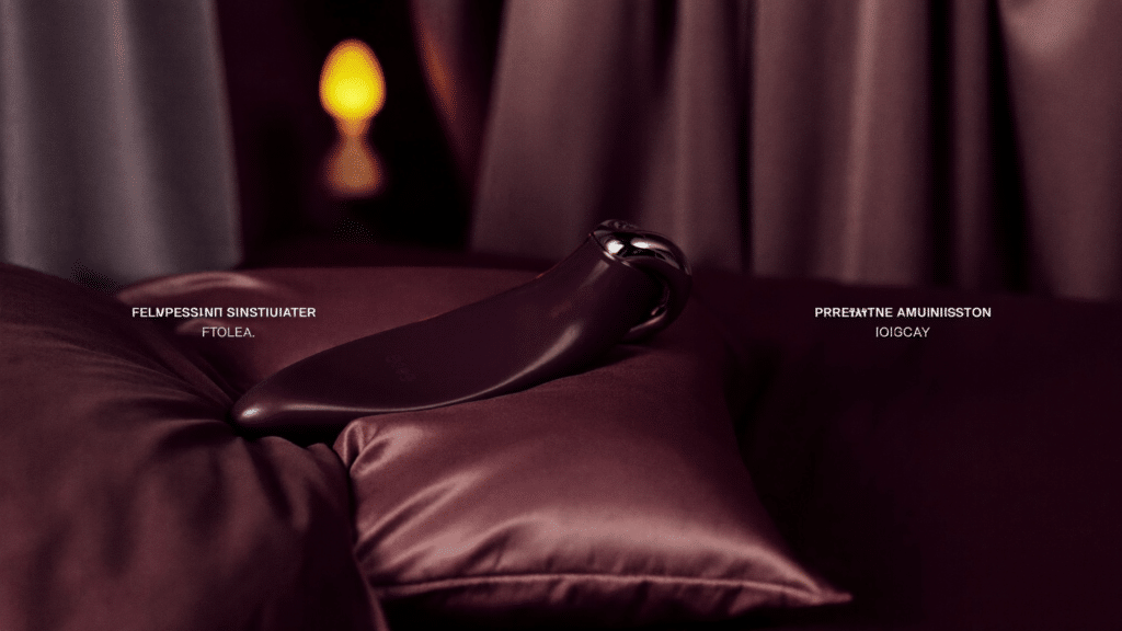 Stimulateur à ondes de pression sur fond de satin prune dans une ambiance boudoir chaleureuse