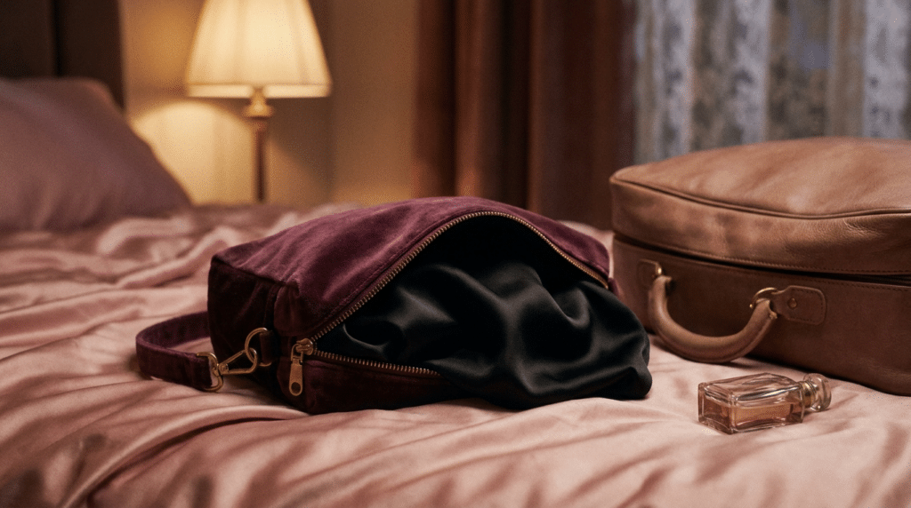 Trousse de sextoys de voyage élégante, ambiance chambre d hôtel tamisée