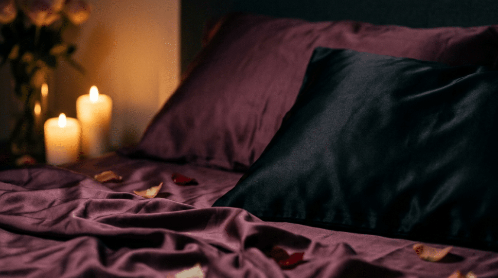 Ambiance intime pour la stimulation de la prostate en couple, drap de soie prune et lumière tamisée