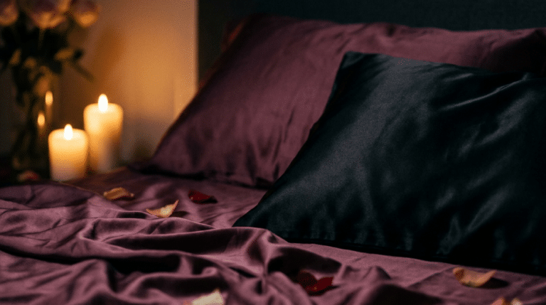 Ambiance intime pour la stimulation de la prostate en couple, drap de soie prune et lumière tamisée