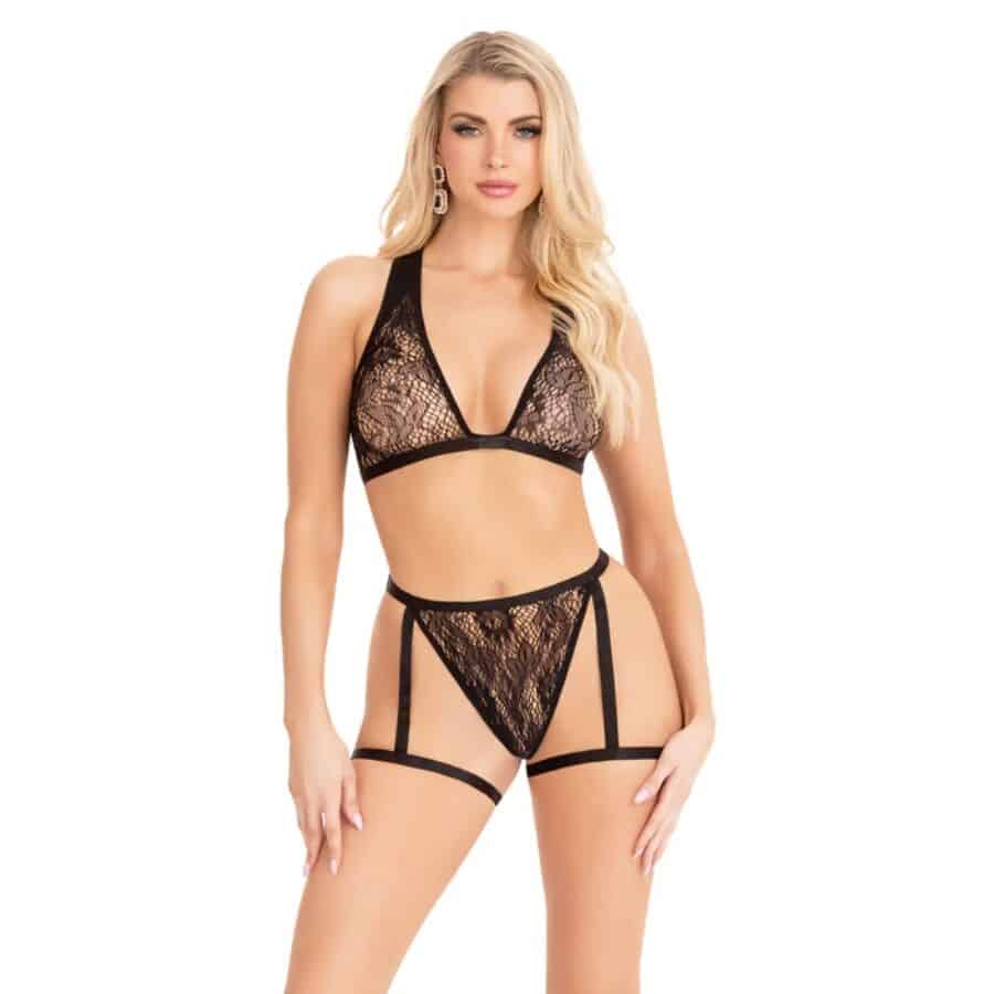 Ensemble soutien-gorge et culotte en dentelle avec porte-jarretelles noir - taille unique — LEG AVENUE