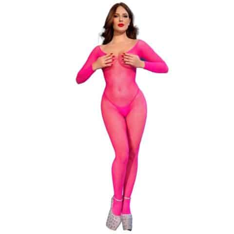 Bodystocking en réseille rose néon S/M