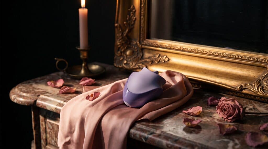 Stimulateur clitoridien Satisfyer posé sur un foulard de soie rose, à la lueur d'une bougie, devant un miroir doré.