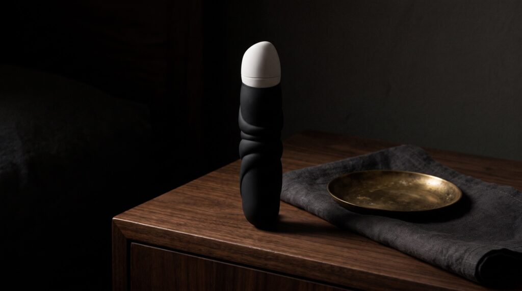 Vibromasseur noir Fun Factory dressé sur une table en noyer, à côté d'une coupelle en laiton.