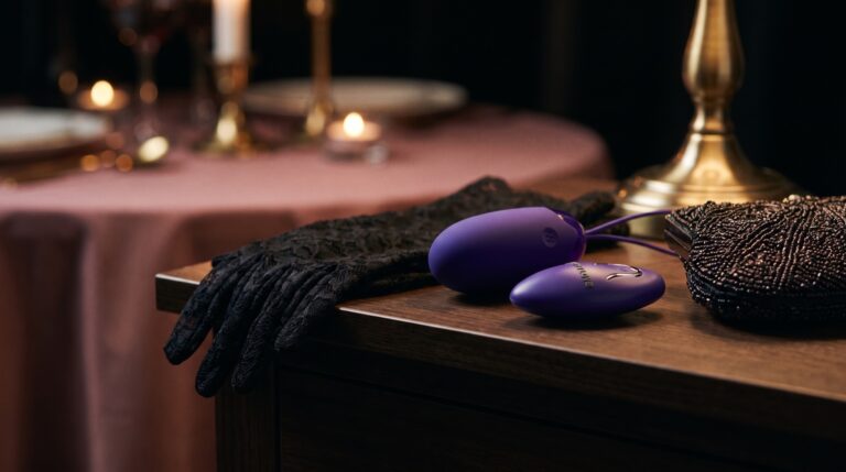 Œuf vibrant télécommandé violet posé près d'un gant de dentelle et d'une pochette de soirée, une table dressée floue en arrière-plan.