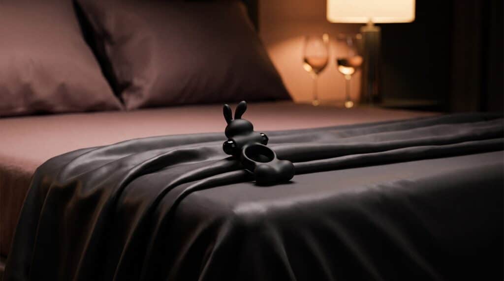 Anneau vibrant noir posé sur un drap de satin, deux verres et une lampe de chevet en arrière-plan.