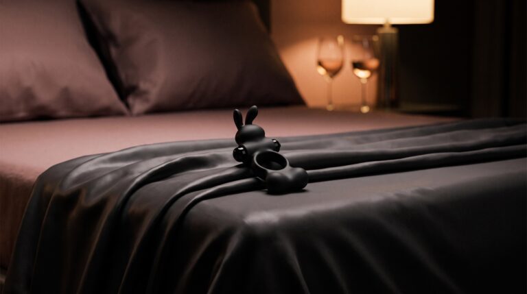 Anneau vibrant noir posé sur un drap de satin, deux verres et une lampe de chevet en arrière-plan.