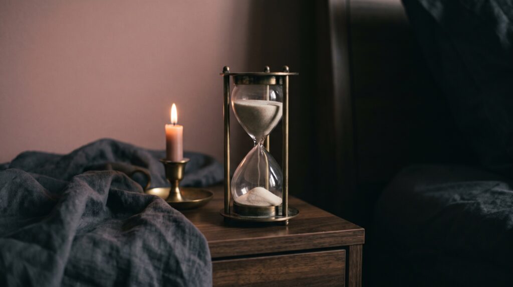 Sablier de laiton sur une table de chevet, bougie allumée et draps froissés : l'image du temps que l'on étire.