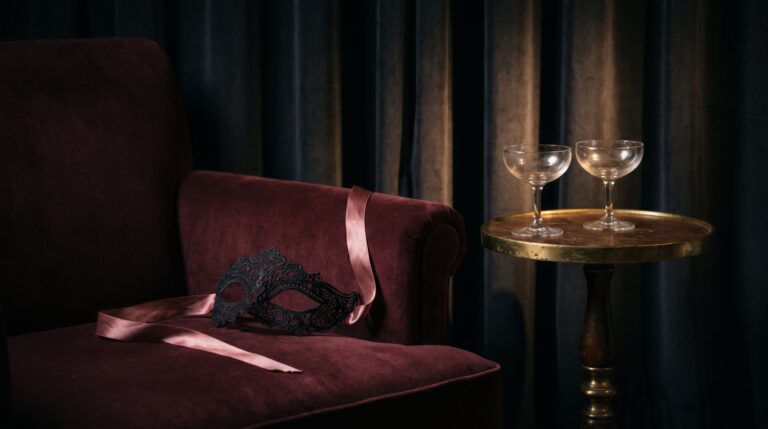 Loup de dentelle noire et ruban de satin rose sur un fauteuil de velours, deux coupes de champagne vides.