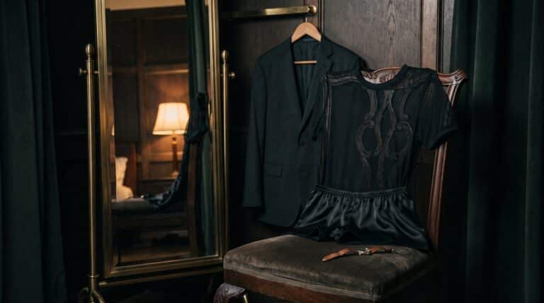Ensemble de lingerie masculine en résille et satin noir sur une chaise ancienne, veste de costume et miroir en arrière-plan.