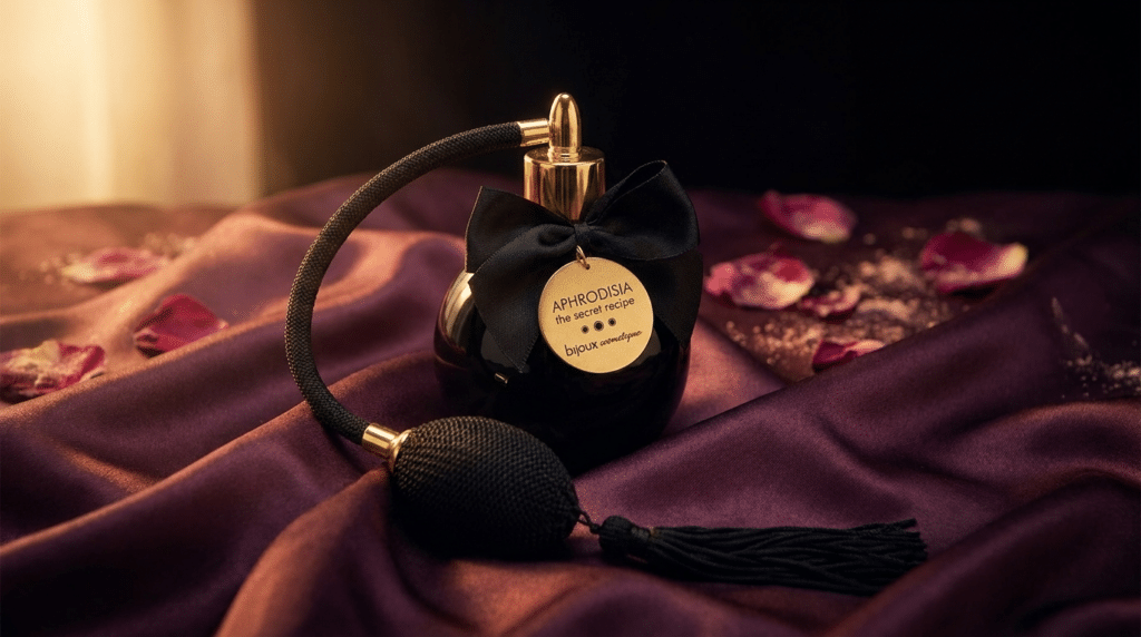 Flacon Aphrodisia de la marque Bijoux Indiscrets sur soie prune, ambiance boudoir