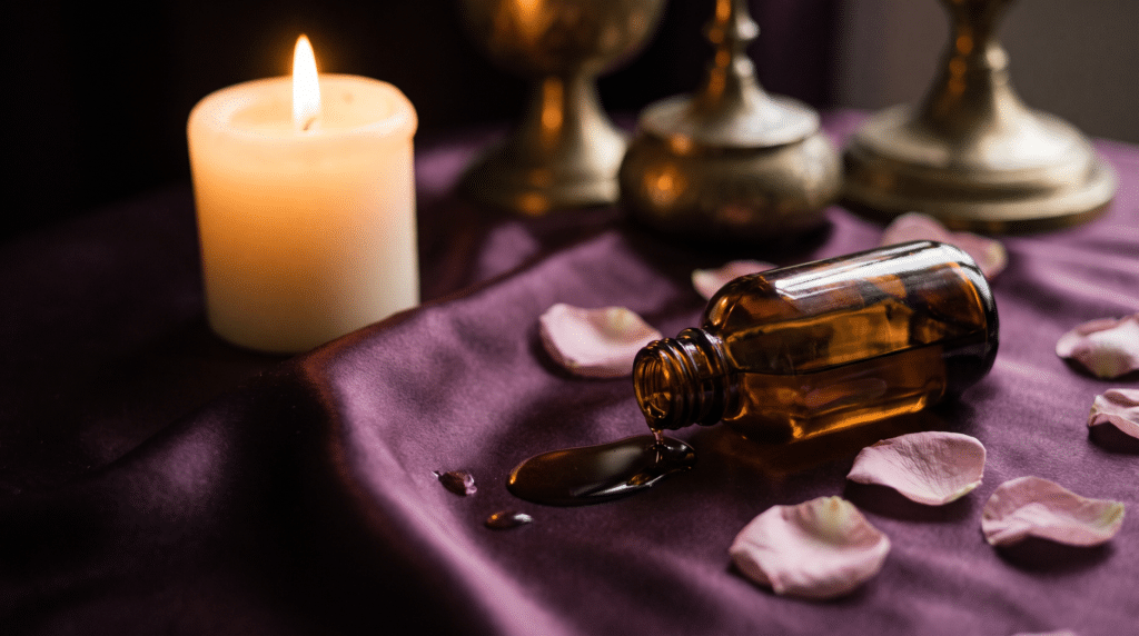 Bougie et huile de massage sur soie prune, ambiance préliminaires en couple