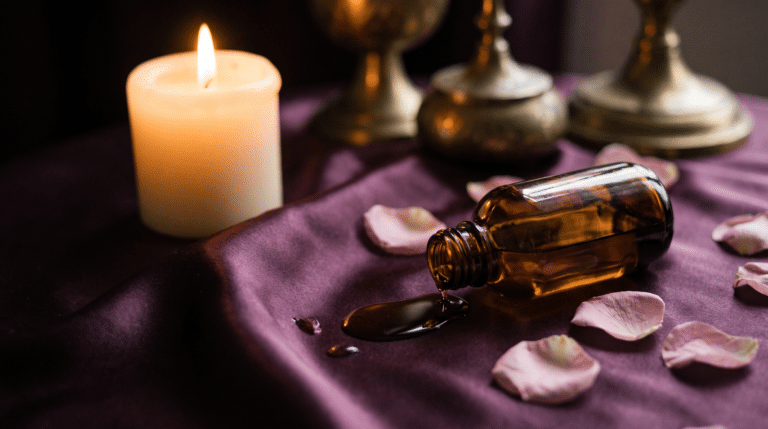 Bougie et huile de massage sur soie prune, ambiance préliminaires en couple