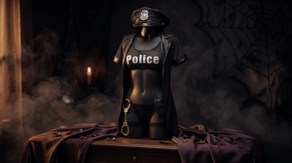 Costume de policière sexy, exemple de déguisement sexy pour Halloween, mis en scène sur fond prune et noir