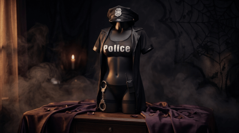 Costume de policière sexy, exemple de déguisement sexy pour Halloween, mis en scène sur fond prune et noir
