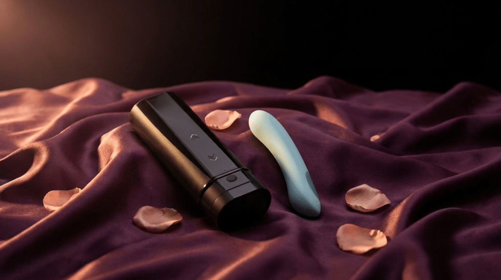 Sextoys connectés Kiiroo pour couple, kit turquoise sur soie prune