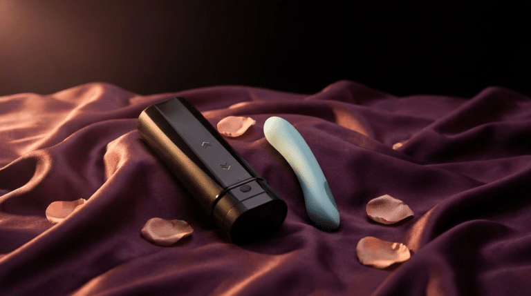 Sextoys connectés Kiiroo pour couple, kit turquoise sur soie prune