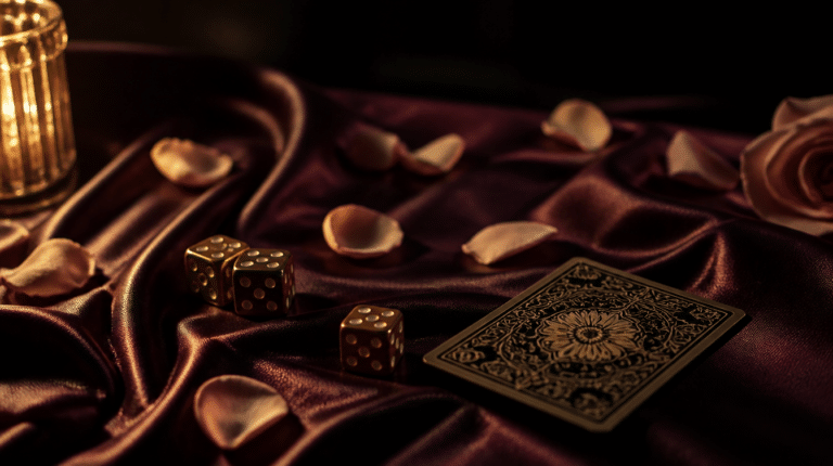 Dés et carte coquine disposés avec élégance, ambiance boudoir illustrant les jeux coquins en couple