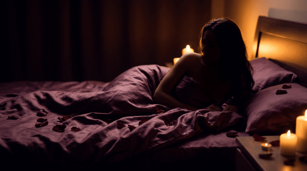 Ambiance intime évoquant la masturbation féminine, drap de soie prune