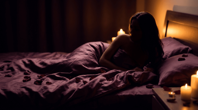 Ambiance intime évoquant la masturbation féminine, drap de soie prune