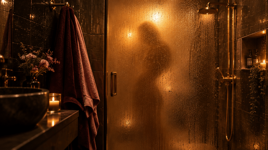 Douche vapeur ambiance intime, décor pour le sexe sous la douche en couple