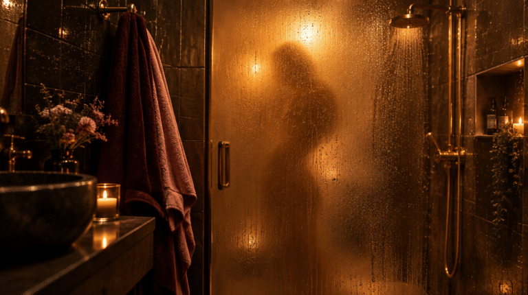 Douche vapeur ambiance intime, décor pour le sexe sous la douche en couple