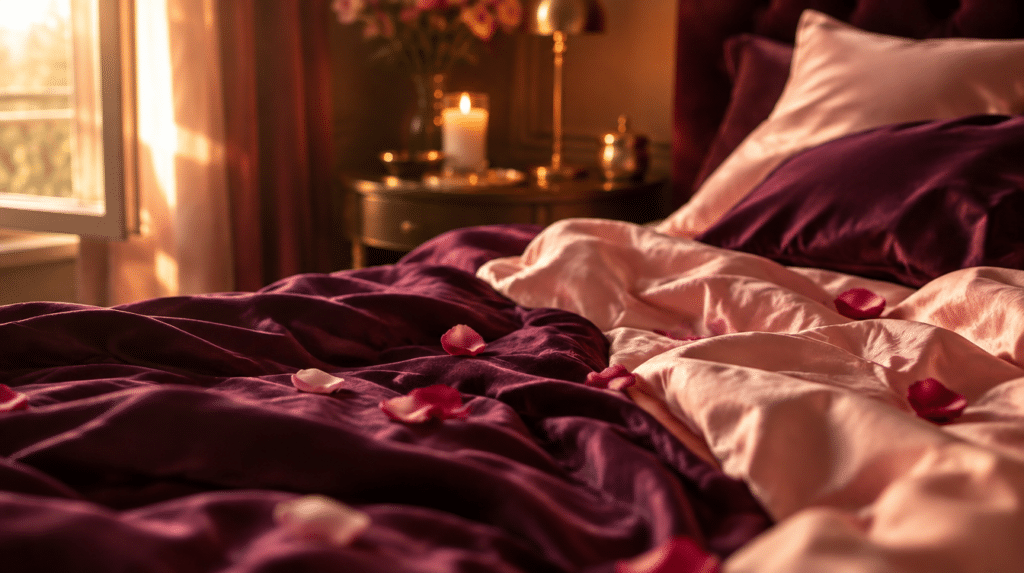 Ambiance boudoir intime, draps de soie prune et lumière chaude, sur le thème du squirting
