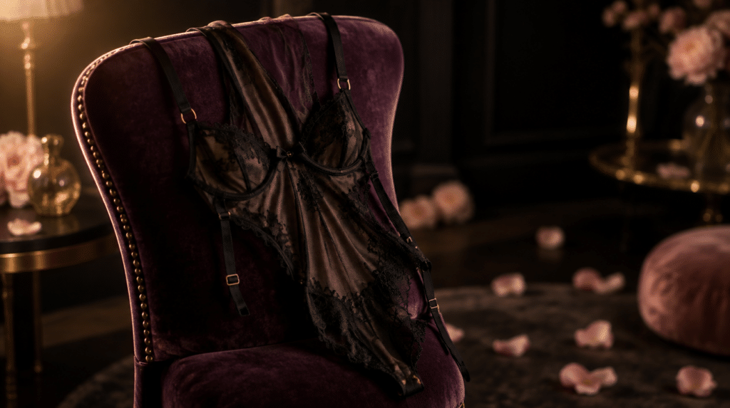 Bodystocking en résille noire, ambiance boudoir prune et rose poudré