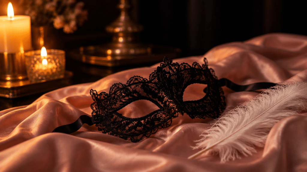Privation sensorielle en couple, masque et plume dans une ambiance boudoir chaleureuse