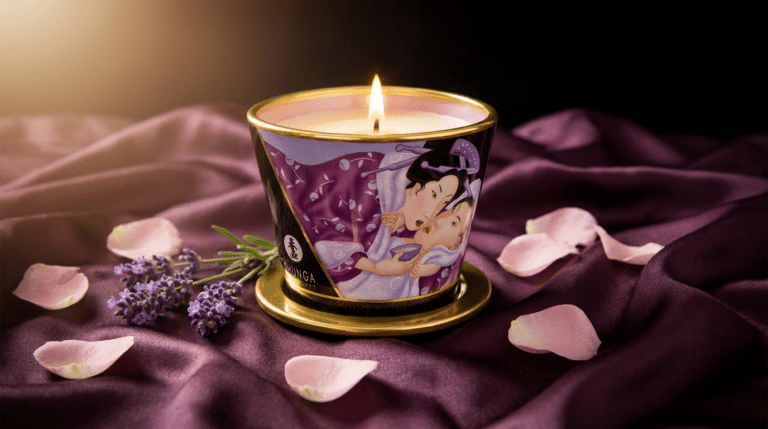 Bougie de massage érotique SHUNGA sur drap de soie prune, ambiance tamisée