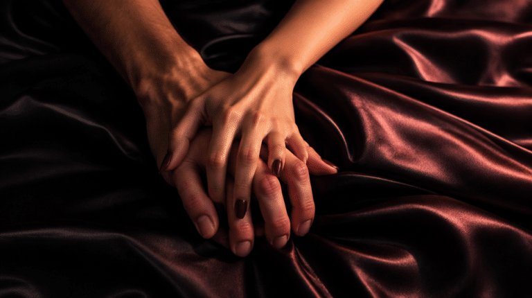 Ambiance intime en satin noir et prune illustrant le guide fessée coquine