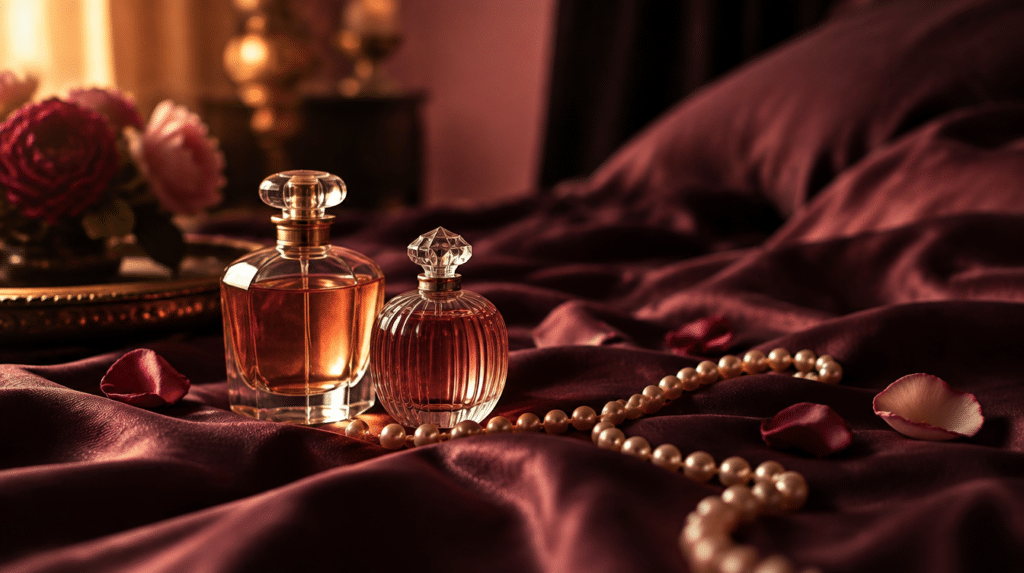 Lubrifiant et sextoys : flacons de soin intime en ambiance boudoir