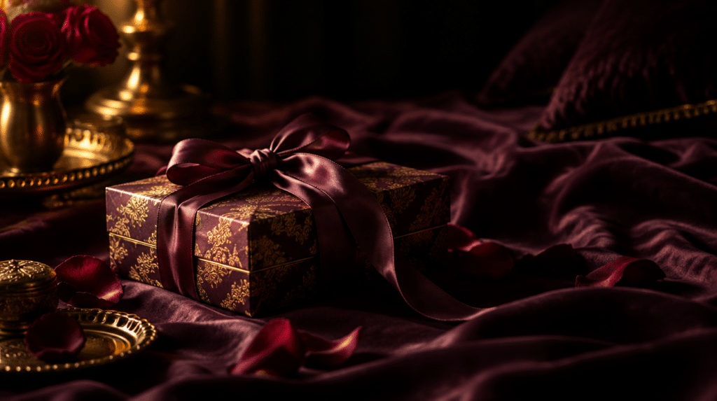 Kit sextoys pour couple mis en scène sur un drap de soie prune, ambiance romantique