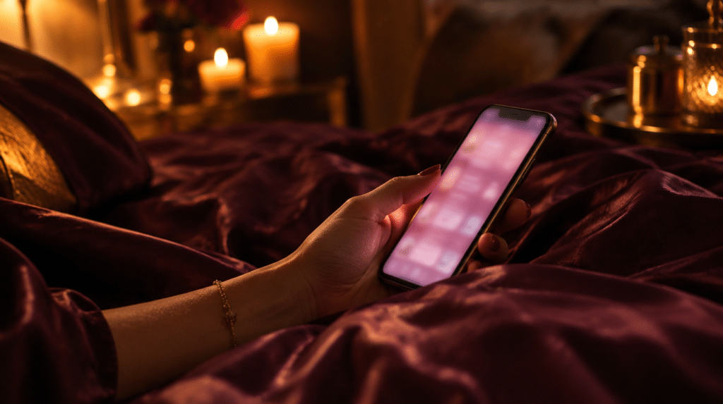 Sexting en couple, smartphone à la lueur douce sur un drap de soie prune