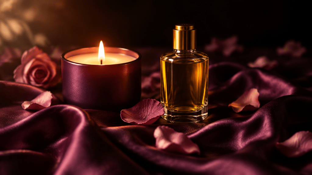 Huile de massage sensuel et bougie parfumée sur drap de soie prune