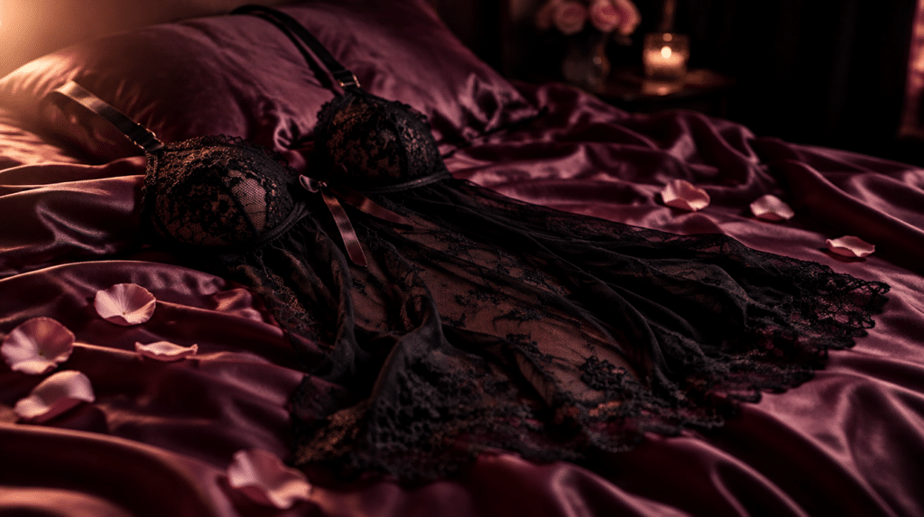 Babydoll en dentelle noire posé sur un drap de soie prune