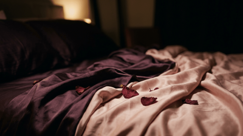 Vibromasseur à langue oscillante, ambiance chambre tamisée soie prune et rose poudré