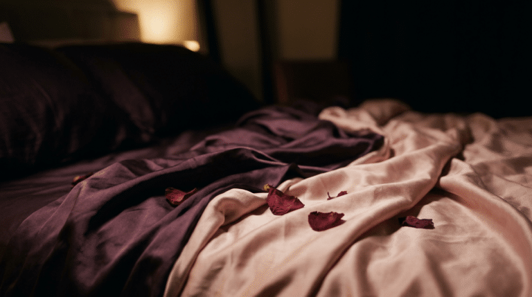 Vibromasseur à langue oscillante, ambiance chambre tamisée soie prune et rose poudré