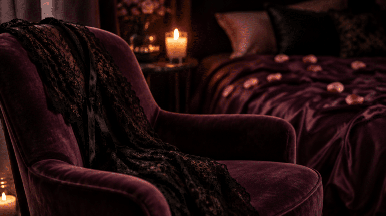 Ambiance tamisée et élégante évoquant l’effeuillage en couple, robe en dentelle et bougie allumée