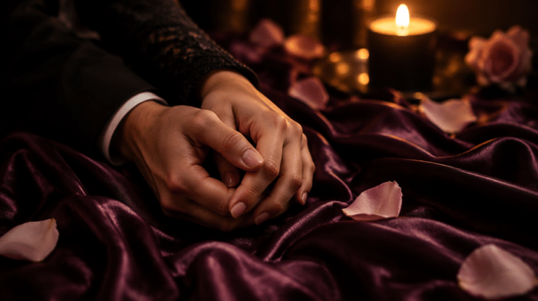 Masturbation mutuelle en couple, mains entrelacées sur un drap de soie prune